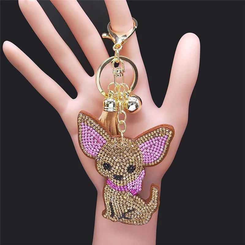 Fashion Chihuahua Dog Crystal Keychain Bag Accessories for Women Gold Color Keyring Jewelry llaveros para mujer K2502S01