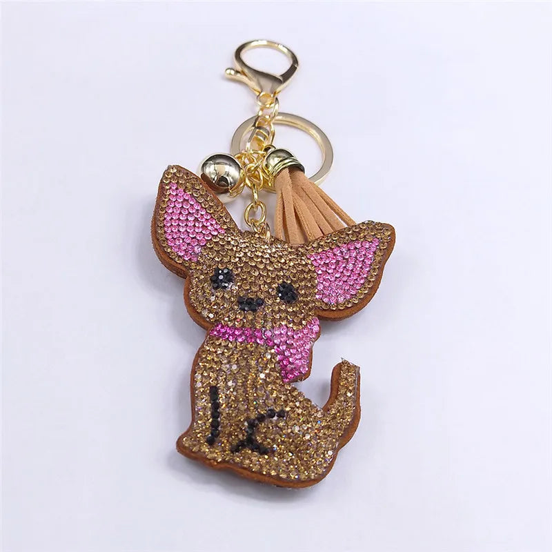 Fashion Chihuahua Dog Crystal Keychain Bag Accessories for Women Gold Color Keyring Jewelry llaveros para mujer K2502S01