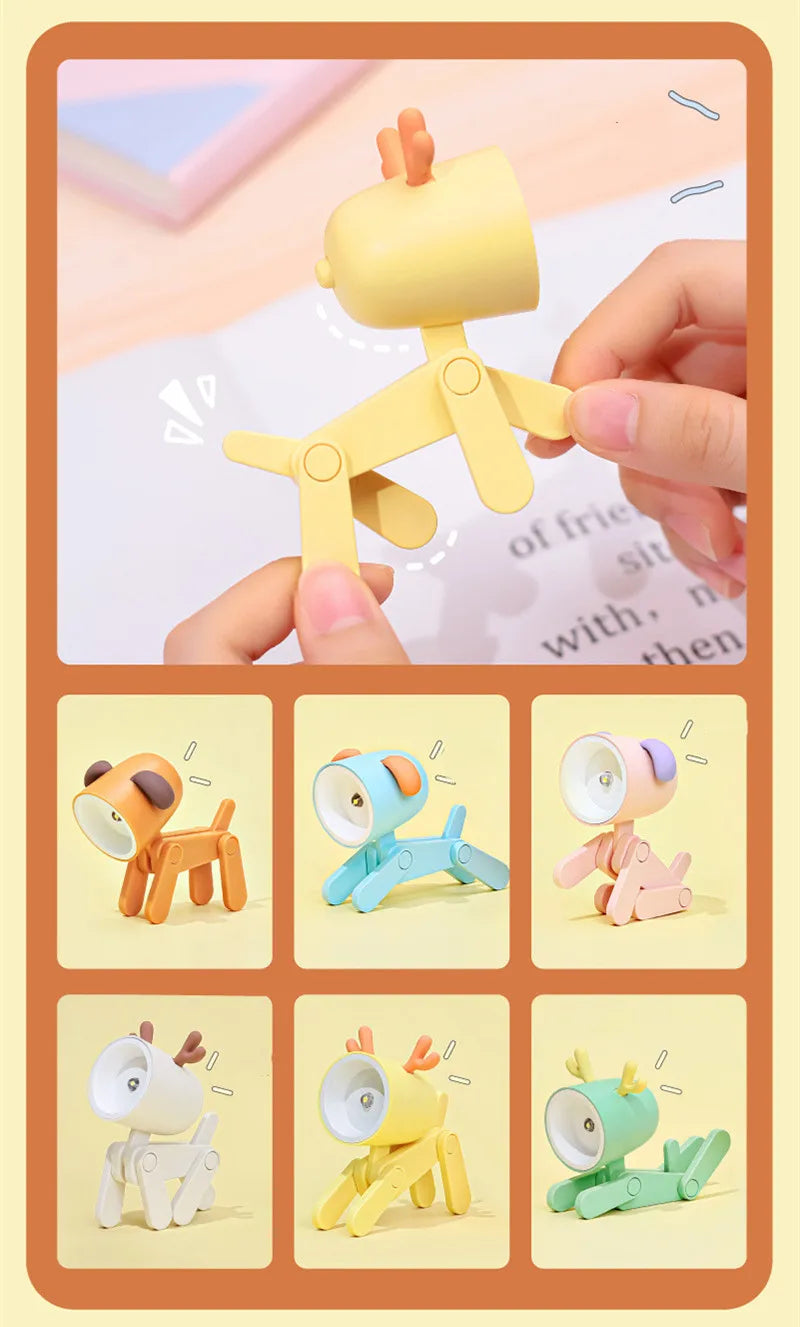 LED Mini Night Light Cute Dog Deer Foldable Desk Lamps Desktop Ornament Book Light Kids Room Bedside Bedroom Decor Holiday Gifts