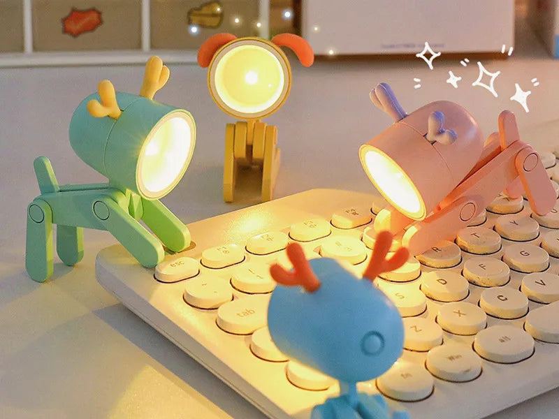 LED Mini Night Light Cute Dog Deer Foldable Desk Lamps Desktop Ornament Book Light Kids Room Bedside Bedroom Decor Holiday Gifts