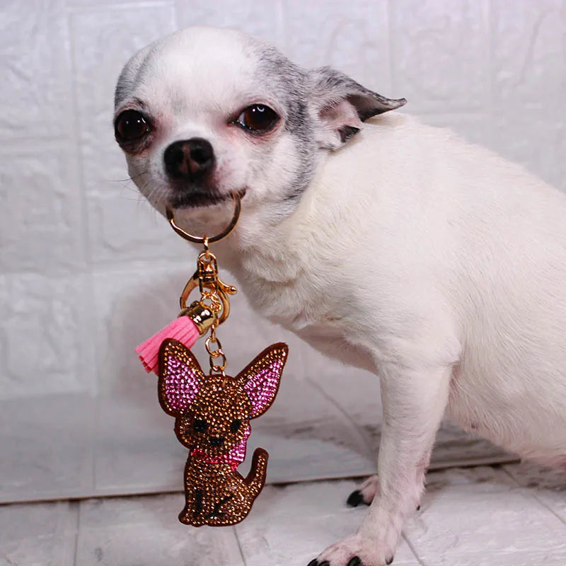 Fashion Chihuahua Dog Crystal Keychain Bag Accessories for Women Gold Color Keyring Jewelry llaveros para mujer K2502S01