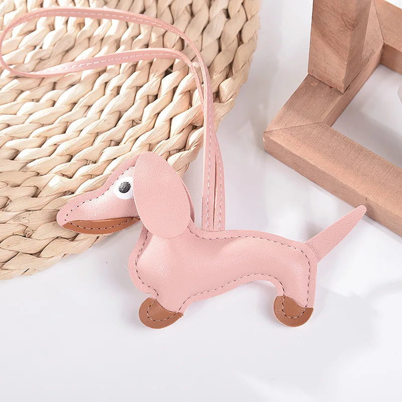 Fashion Car Dachshund Dog Keychain PU Leather Dog Keychains For Women Bag Pendant Jewelry Trinket Key Ring Key Holder Gift
