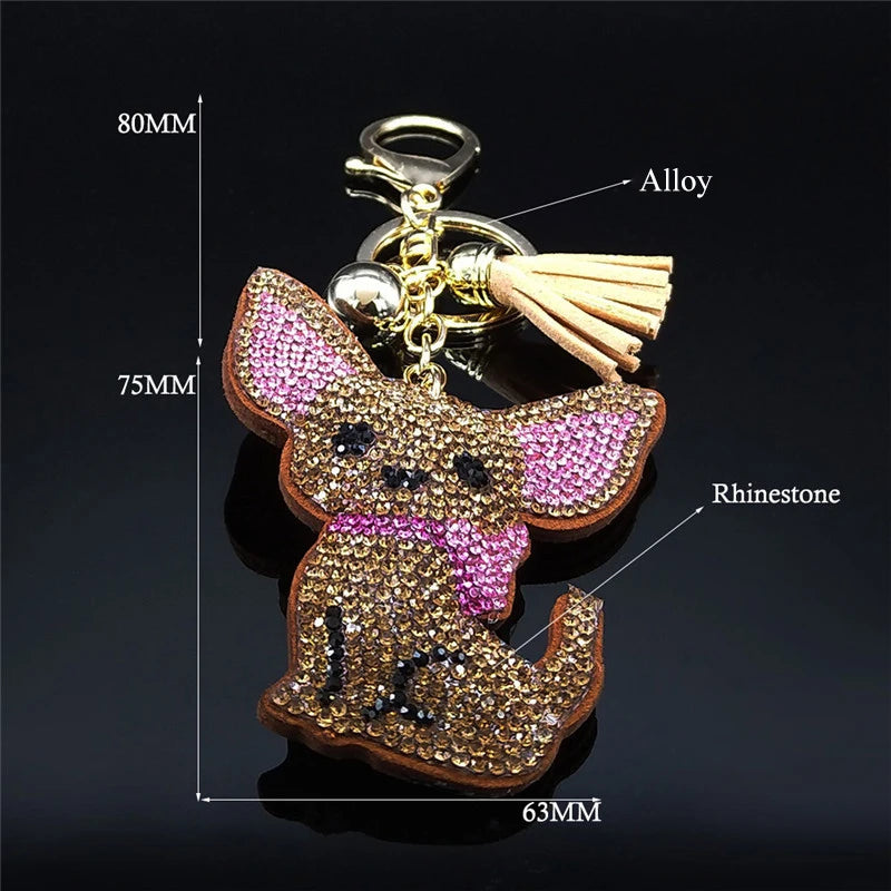 Fashion Chihuahua Dog Crystal Keychain Bag Accessories for Women Gold Color Keyring Jewelry llaveros para mujer K2502S01