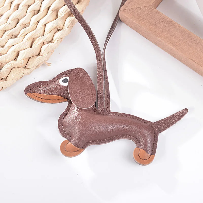 Fashion Car Dachshund Dog Keychain PU Leather Dog Keychains For Women Bag Pendant Jewelry Trinket Key Ring Key Holder Gift