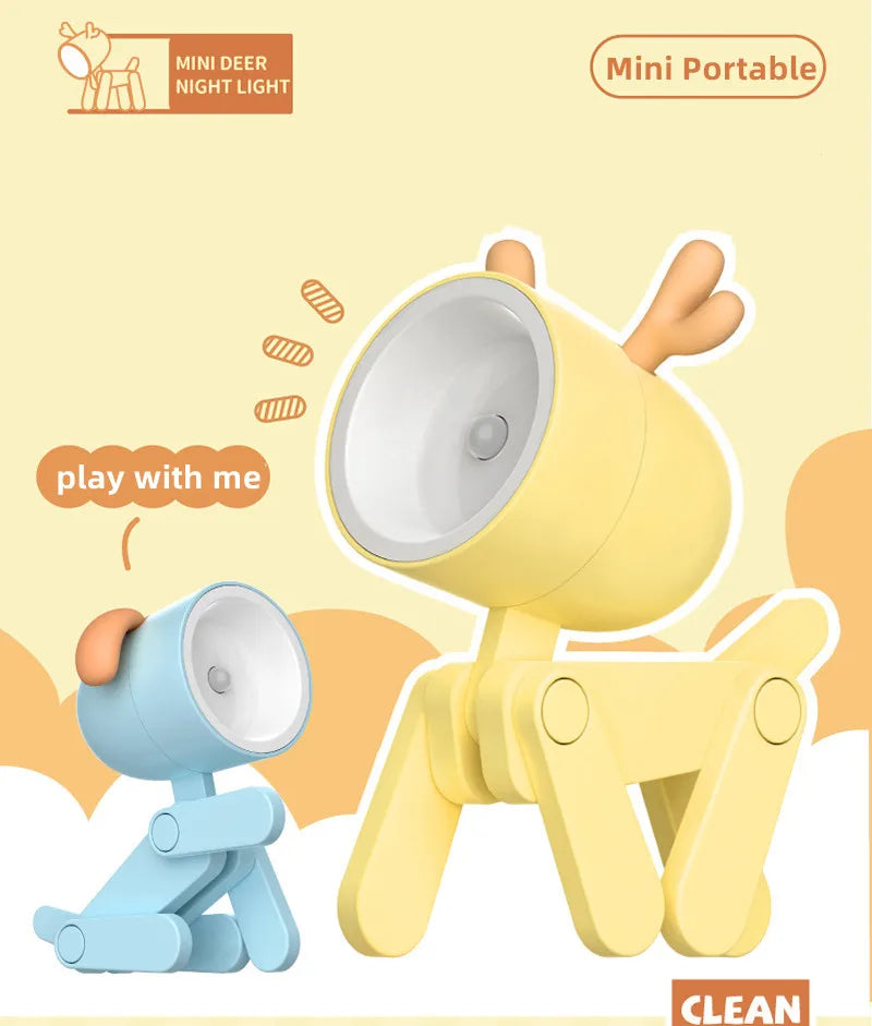 LED Mini Night Light Cute Dog Deer Foldable Desk Lamps Desktop Ornament Book Light Kids Room Bedside Bedroom Decor Holiday Gifts
