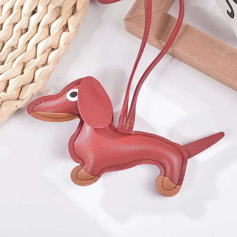 Fashion Car Dachshund Dog Keychain PU Leather Dog Keychains For Women Bag Pendant Jewelry Trinket Key Ring Key Holder Gift